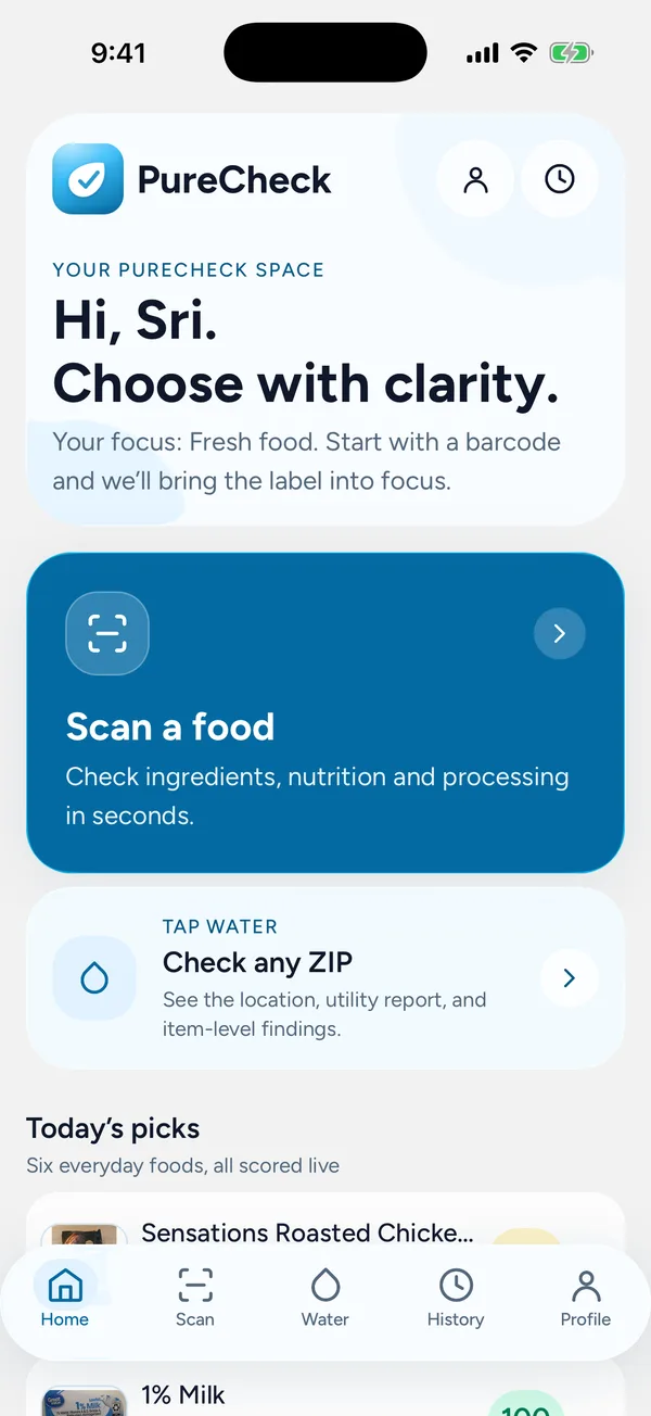 PureCheck home screen with a personalised greeting, scan shortcut, and Today's picks